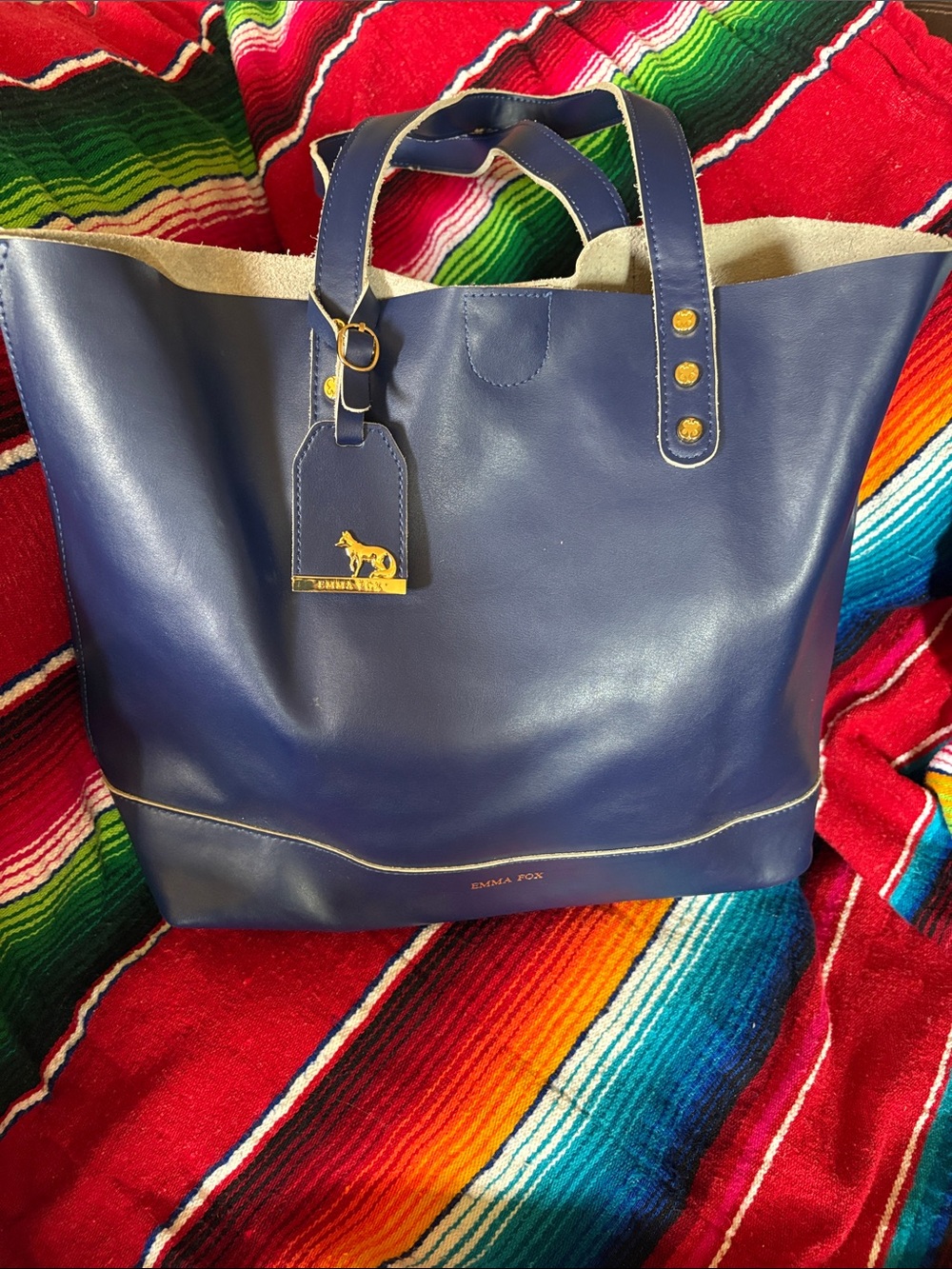Emma Fox Navy Blue Leather Tote with Gold Accent